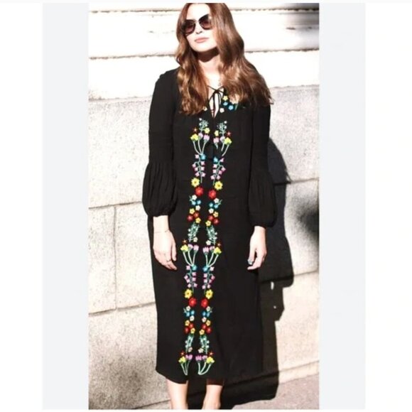 Neiman Marcus Dresses & Skirts - Neiman Marcus Sheer Embroidered Dress Midi Black Oversize Shift Women Large